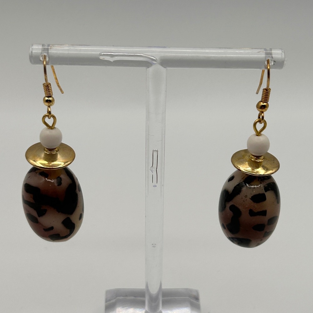 Leopard Print Oval Bead Drop Earrings Gold Tone Animal Pattern Dangle Hook 1"